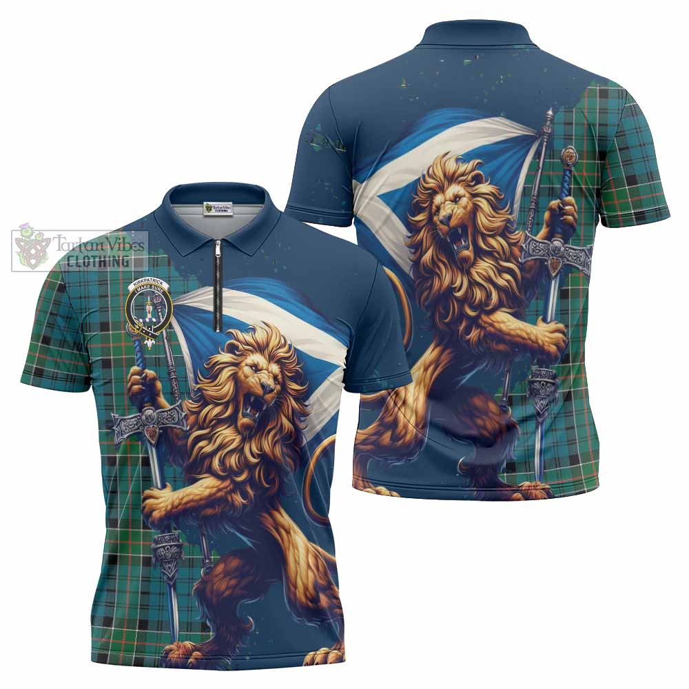 Tartan Vibes Clothing Kirkpatrick Tartan Family Crest Zipper Polo Shirt with Scottish Majestic Lion