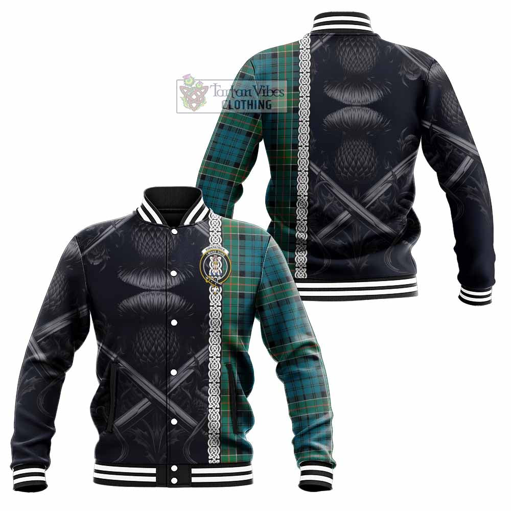 Tartan Vibes Clothing Kirkpatrick Tartan Baseball Jacket with Family Crest Cross Sword Thistle Celtic Vibes