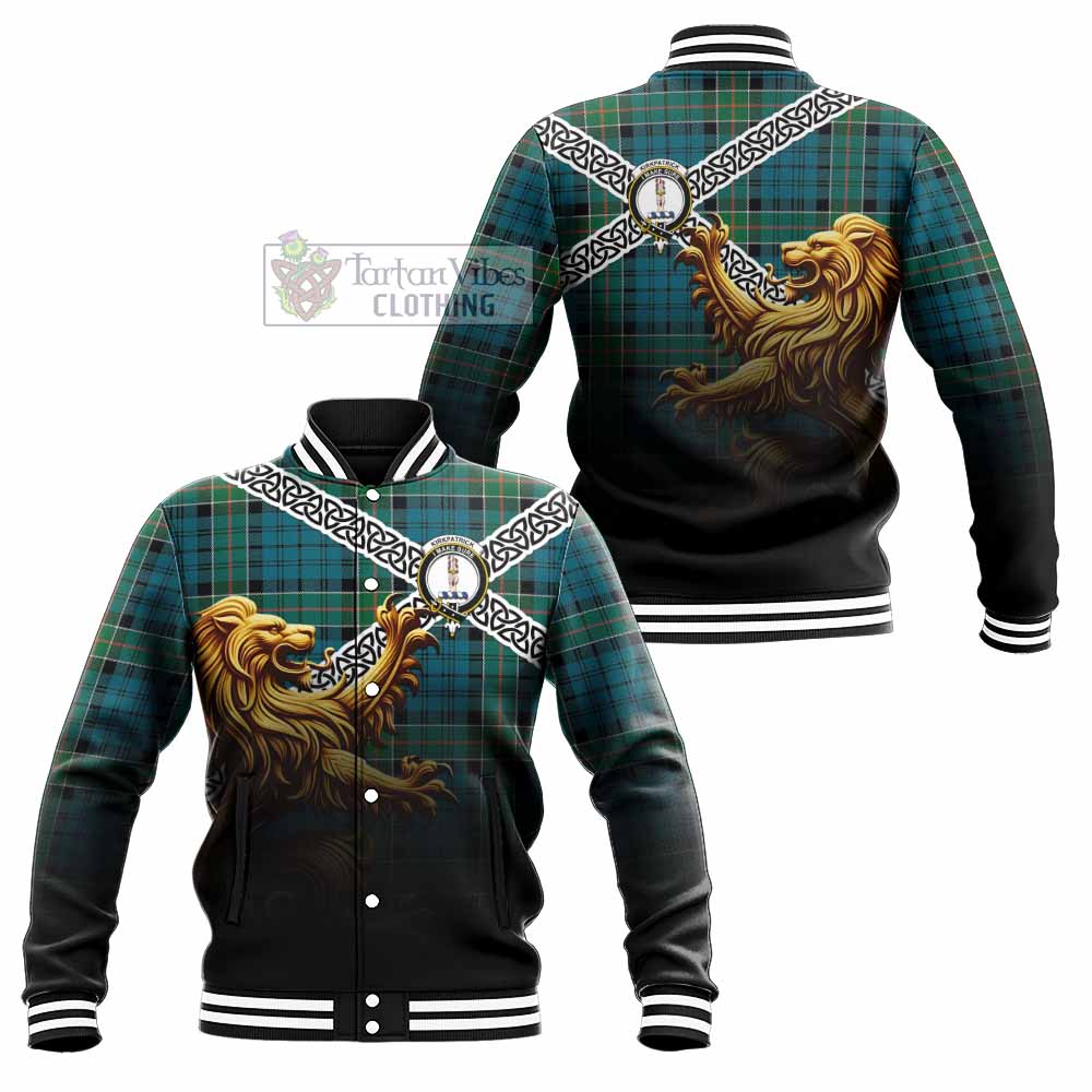 Tartan Vibes Clothing Kirkpatrick Crest Tartan Baseball Jacket with Golden Lion Emblem Celtic Style