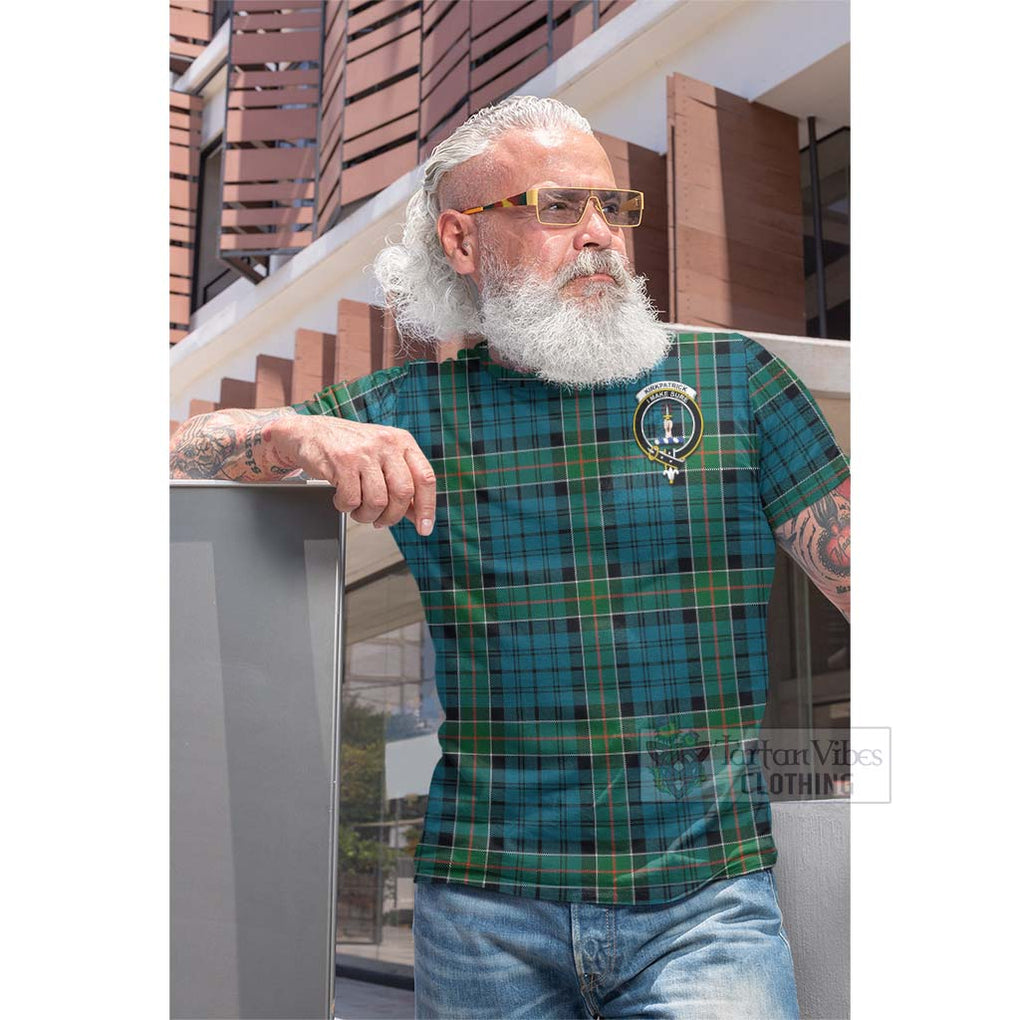 Tartan Vibes Clothing Kirkpatrick Tartan Cotton T-shirt with Family Crest and Bearded Skull Holding Bottles of Whiskey
