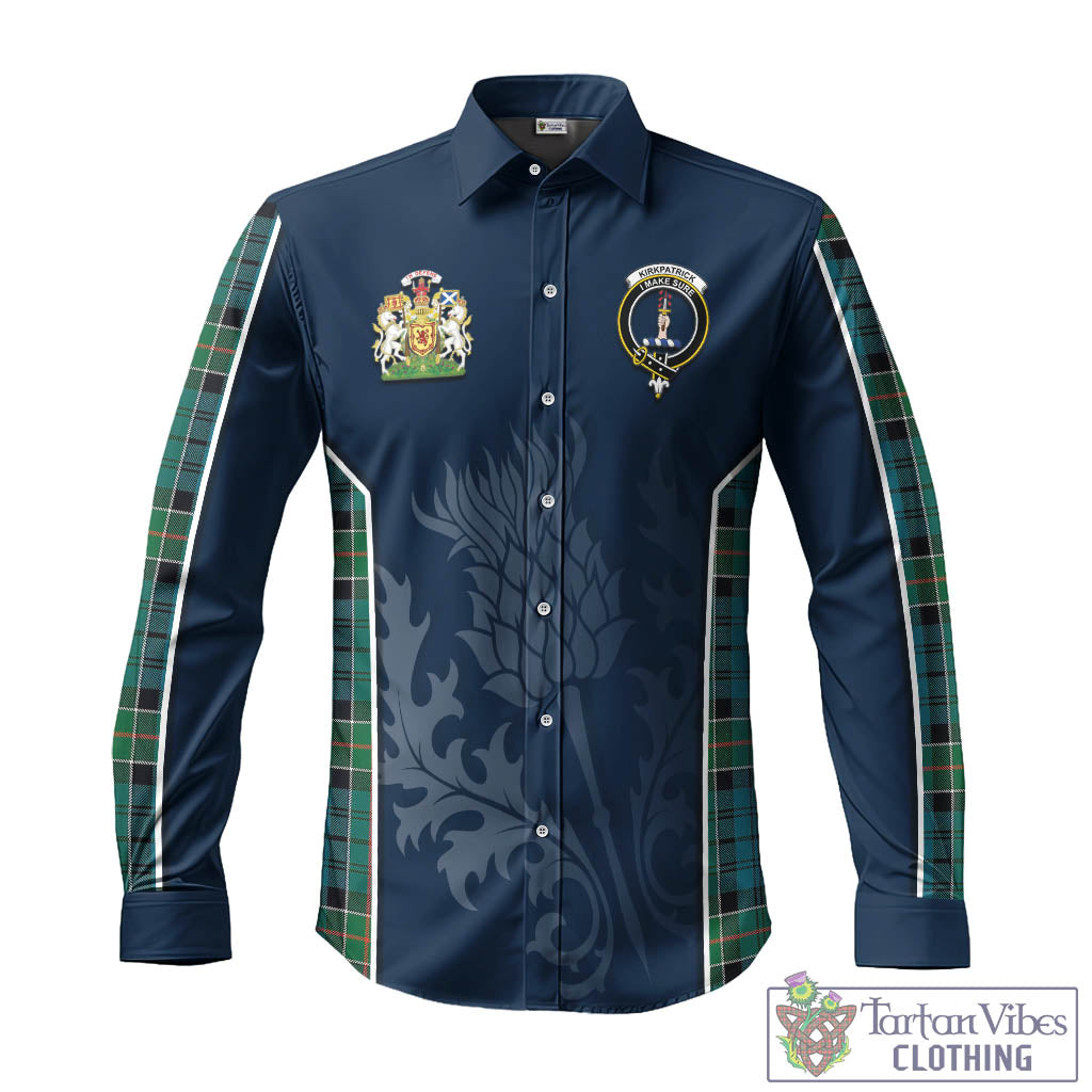 Tartan Vibes Clothing Kirkpatrick Tartan Long Sleeve Button Up Shirt with Family Crest and Scottish Thistle Vibes Sport Style