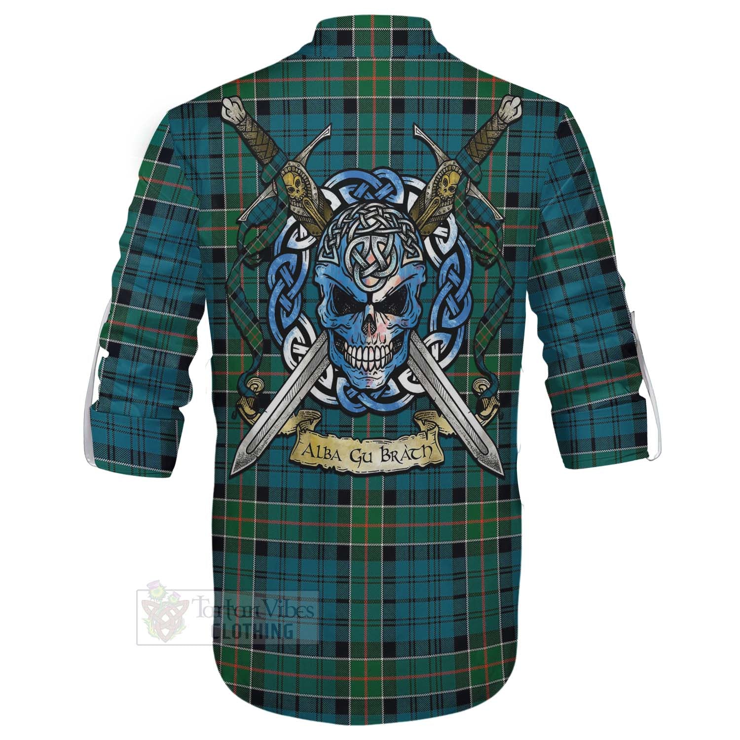 Tartan Vibes Clothing Kirkpatrick Tartan Ghillie Kilt Shirt with Family Crest Celtic Skull Style