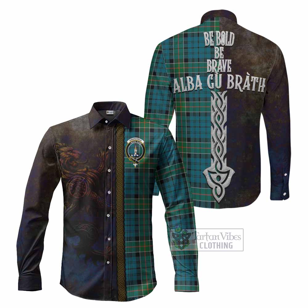 Tartan Vibes Clothing Kirkpatrick Tartan Family Crest Long Sleeve Button Shirt Alba Gu Brath Be Brave Lion Ancient Style