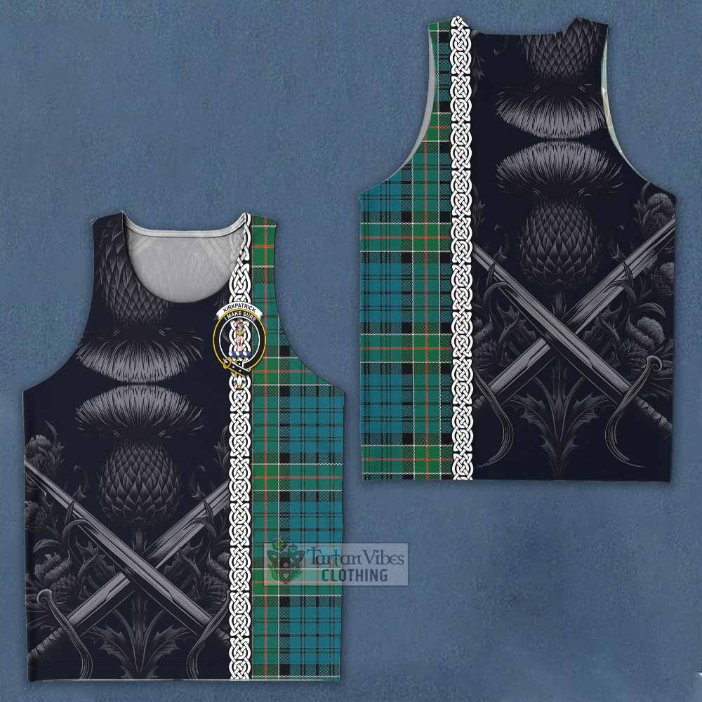 Tartan Vibes Clothing Kirkpatrick Tartan Men's Tank Top with Family Crest Cross Sword Thistle Celtic Vibes