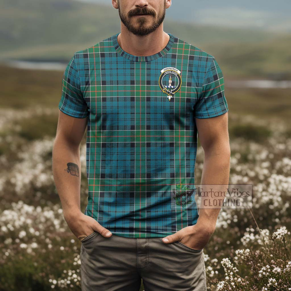 Tartan Vibes Clothing Kirkpatrick Tartan T-Shirt with Family Crest and Bearded Skull Holding Bottles of Whiskey
