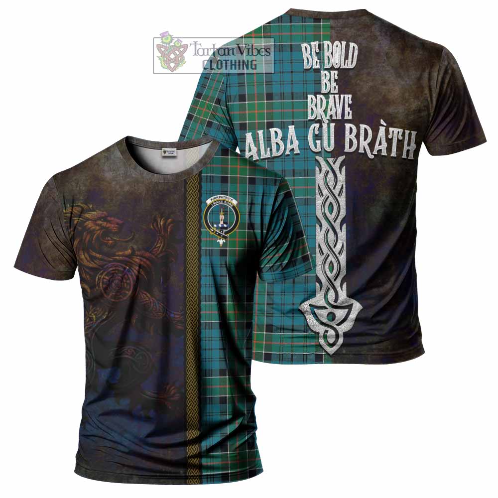 Tartan Vibes Clothing Kirkpatrick Tartan Family Crest T-Shirt Alba Gu Brath Be Brave Lion Ancient Style