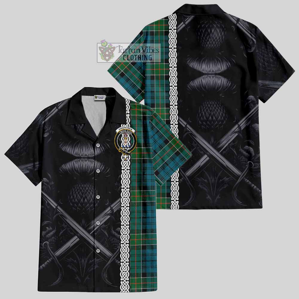 Tartan Vibes Clothing Kirkpatrick Tartan Short Sleeve Button Shirt with Family Crest Cross Sword Thistle Celtic Vibes