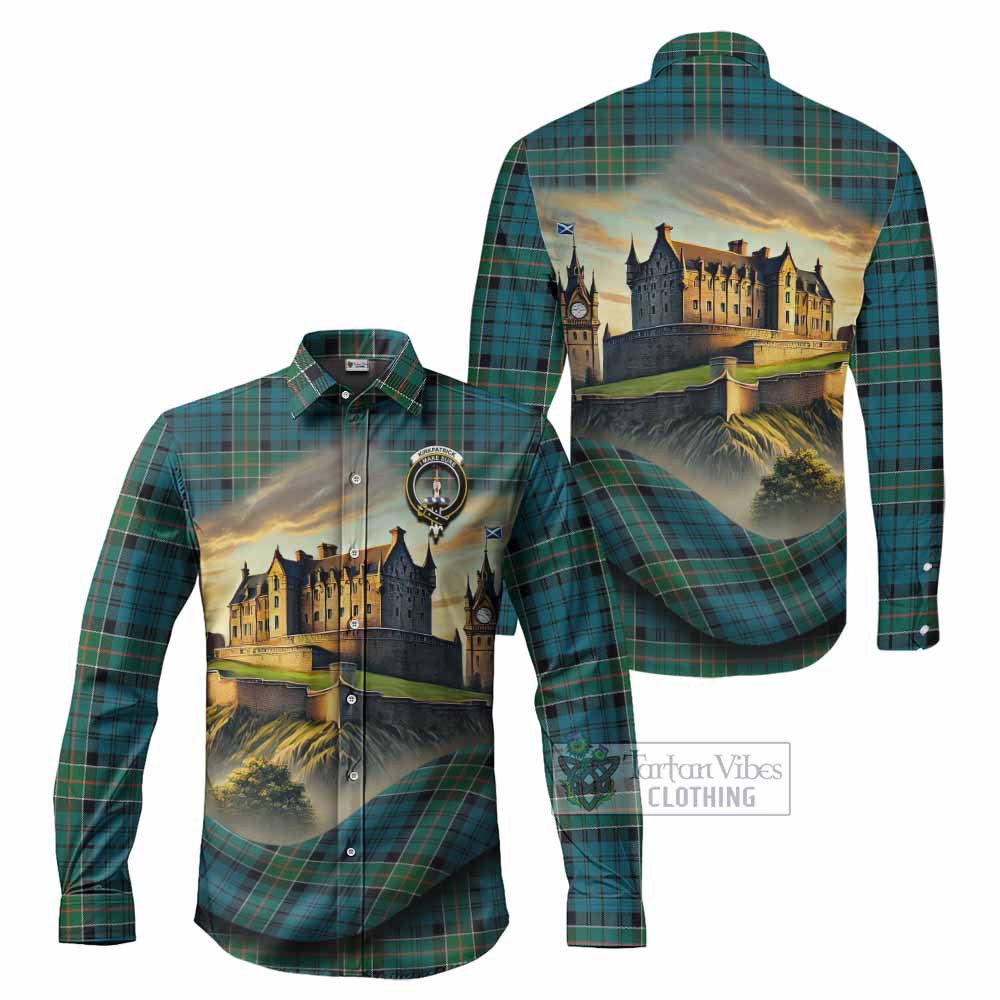Tartan Vibes Clothing Kirkpatrick Tartan Family Crest Long Sleeve Button Shirt with Scottish Ancient Castle Style