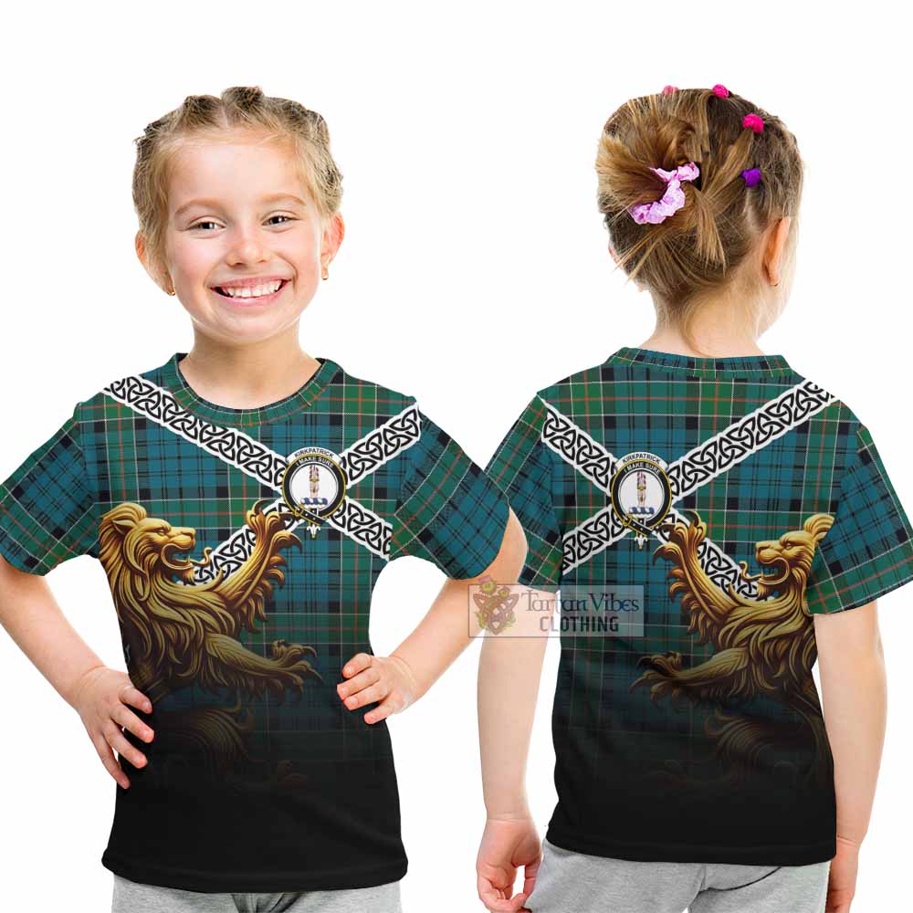 Tartan Vibes Clothing Kirkpatrick Crest Tartan Kid T-Shirt with Golden Lion Emblem Celtic Style