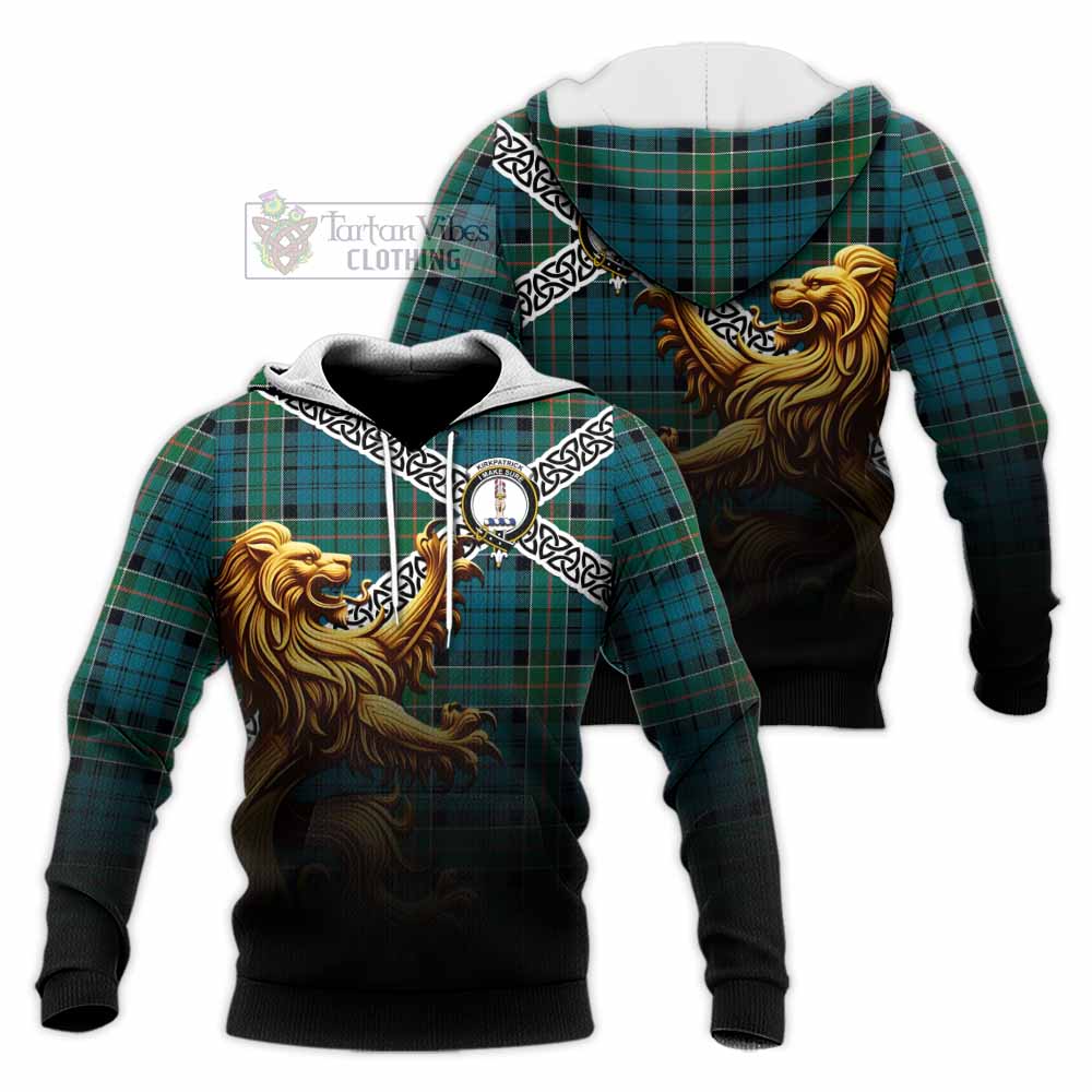 Tartan Vibes Clothing Kirkpatrick Crest Tartan Knitted Hoodie with Golden Lion Emblem Celtic Style