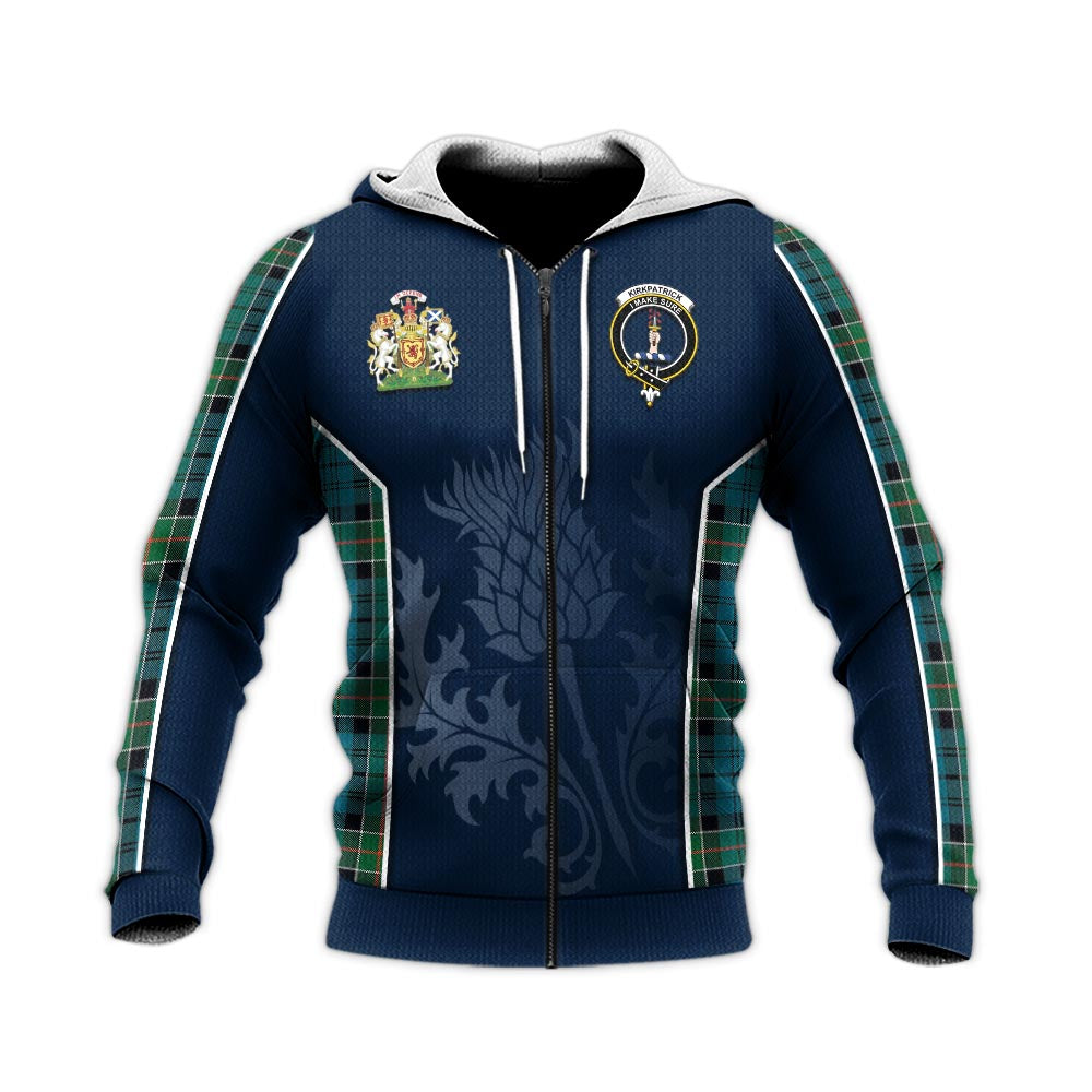 Tartan Vibes Clothing Kirkpatrick Tartan Knitted Hoodie with Family Crest and Scottish Thistle Vibes Sport Style