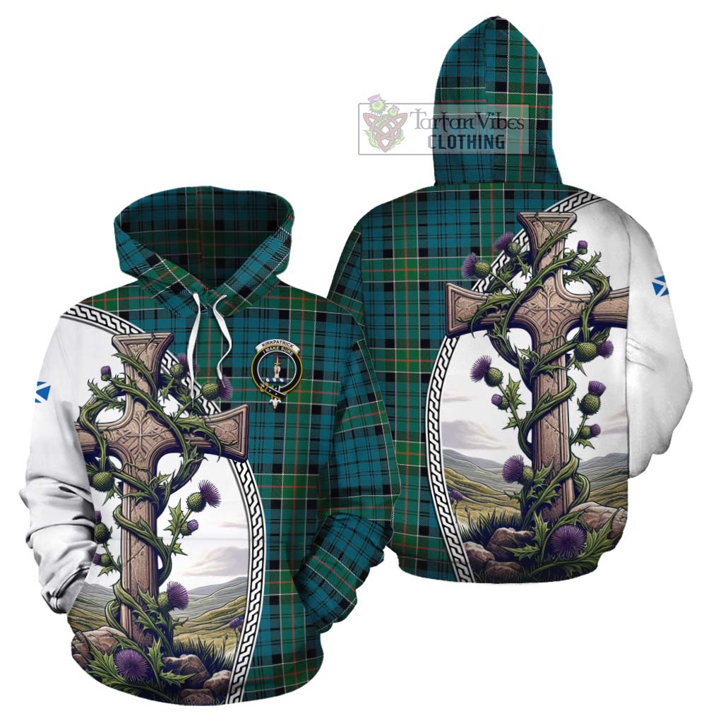 Tartan Vibes Clothing Kirkpatrick Tartan Cotton Hoodie with Family Crest and St. Andrew's Cross Accented by Thistle Vines