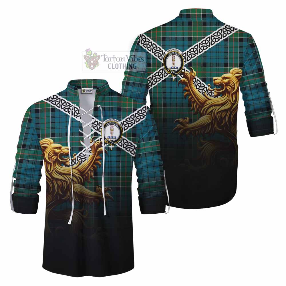 Tartan Vibes Clothing Kirkpatrick Crest Tartan Ghillie Kilt Shirt with Golden Lion Emblem Celtic Style