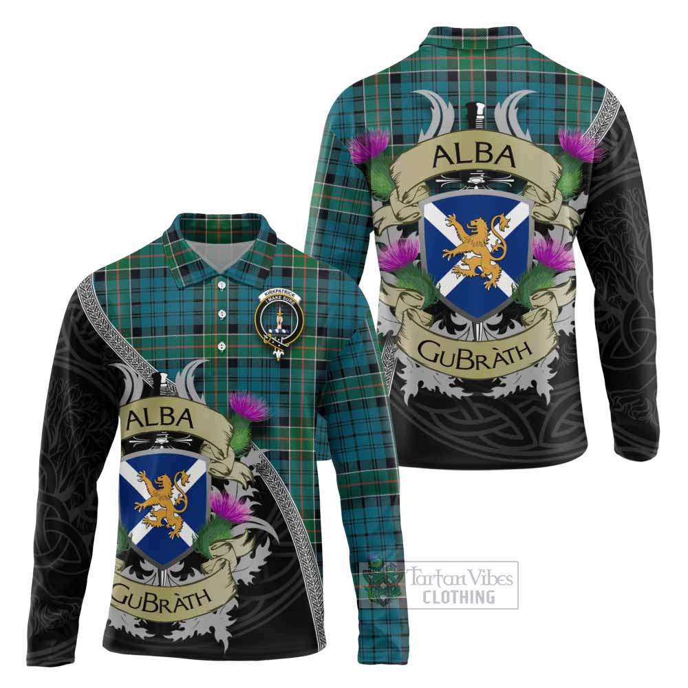 Tartan Vibes Clothing Kirkpatrick Tartan Family Crest Long Sleeve Polo Shirt Lion Rampant Royal Thistle Shield Celtic Inspired