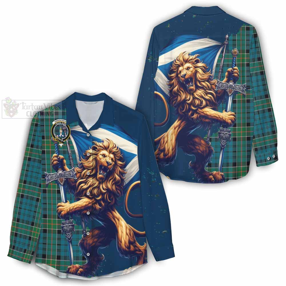 Tartan Vibes Clothing Kirkpatrick Tartan Family Crest Women's Casual Shirt with Scottish Majestic Lion