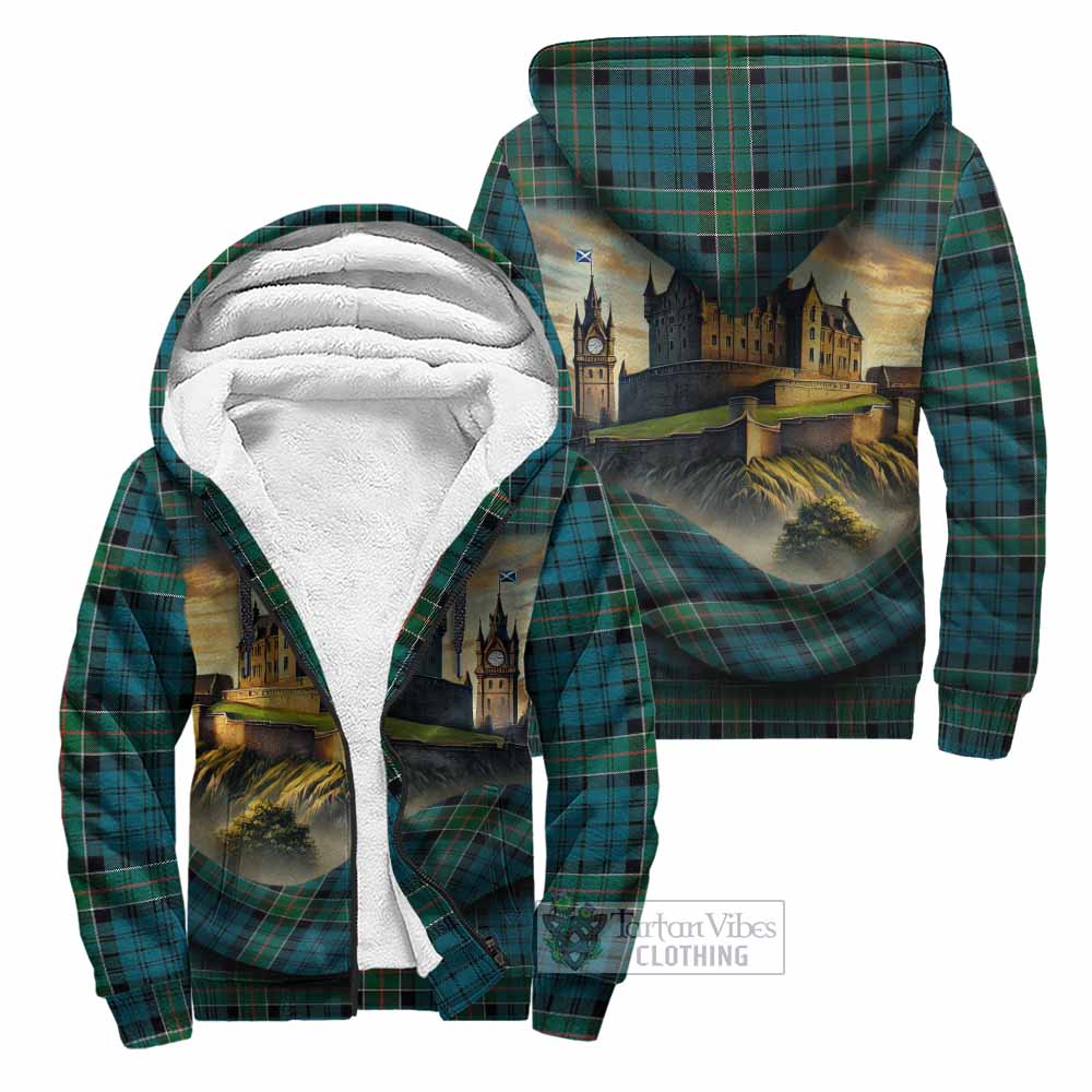 Tartan Vibes Clothing Kirkpatrick Tartan Family Crest Sherpa Hoodie with Scottish Ancient Castle Style