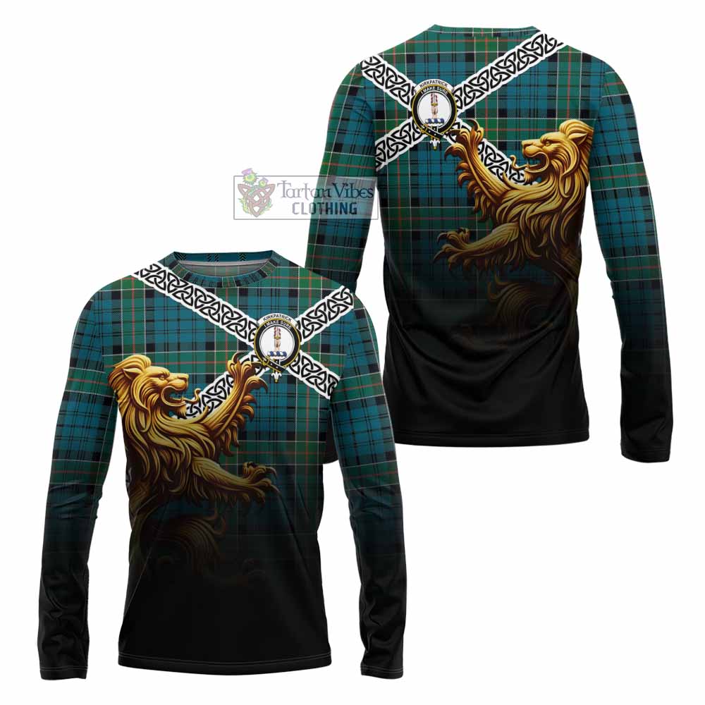 Tartan Vibes Clothing Kirkpatrick Crest Tartan Long Sleeve T-Shirt with Golden Lion Emblem Celtic Style
