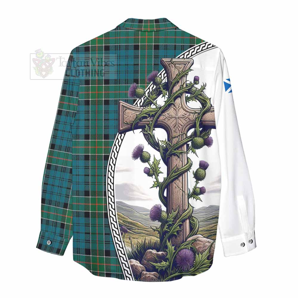 Tartan Vibes Clothing Kirkpatrick Tartan Women's Casual Shirt with Family Crest and St. Andrew's Cross Accented by Thistle Vines