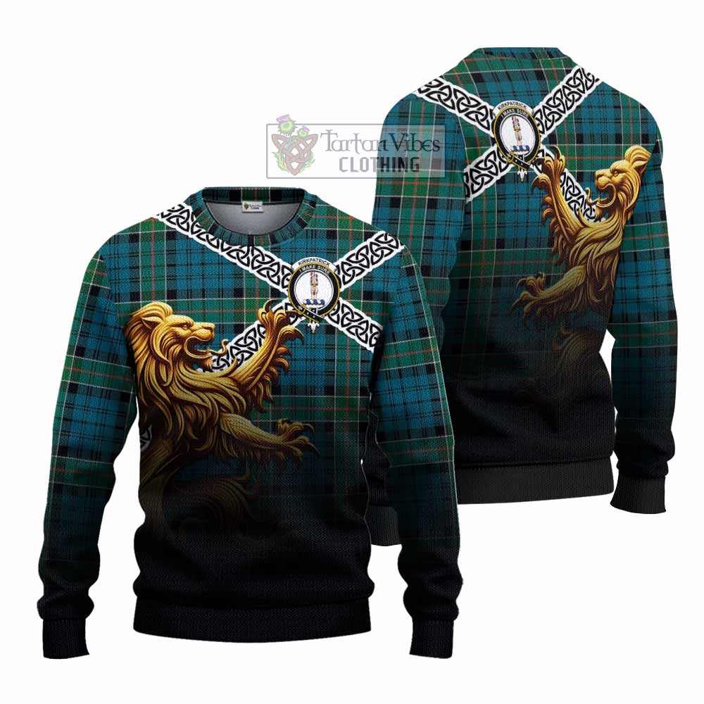 Tartan Vibes Clothing Kirkpatrick Crest Tartan Knitted Sweater with Golden Lion Emblem Celtic Style