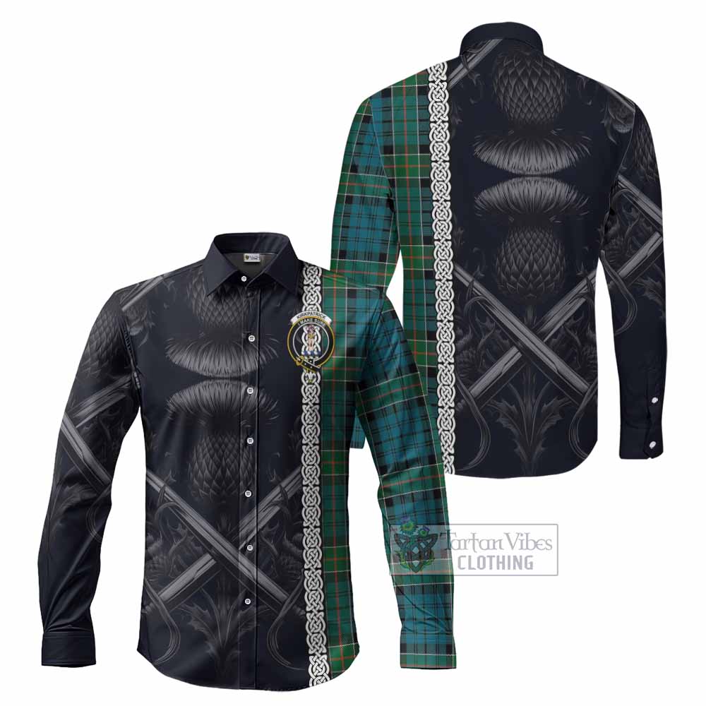 Tartan Vibes Clothing Kirkpatrick Tartan Long Sleeve Button Shirt with Family Crest Cross Sword Thistle Celtic Vibes