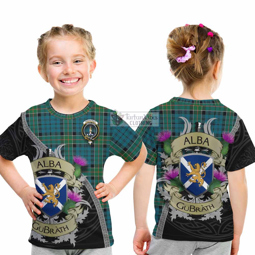 Tartan Vibes Clothing Kirkpatrick Tartan Family Crest Kid T-Shirt Lion Rampant Royal Thistle Shield Celtic Inspired