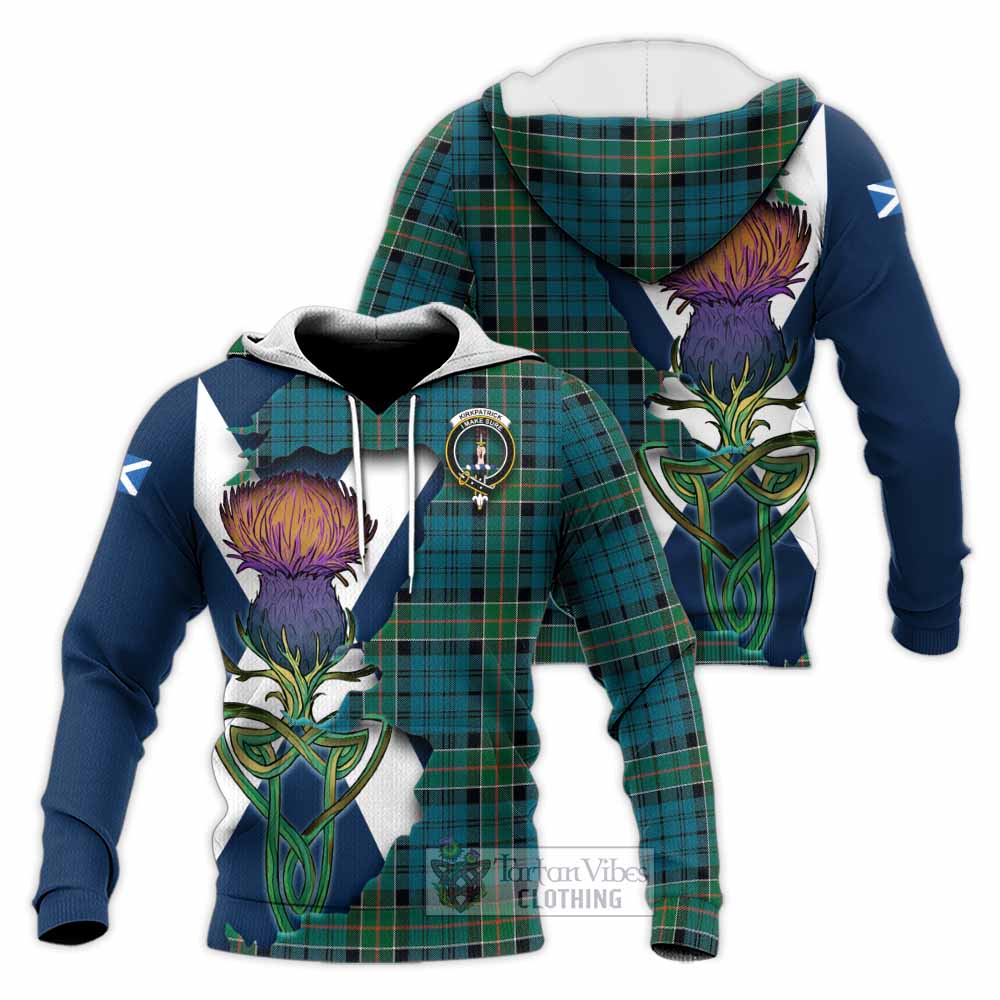 Tartan Vibes Clothing Kirkpatrick Tartan Family Crest Knitted Hoodie Scottish Thistle Celtic Inspired