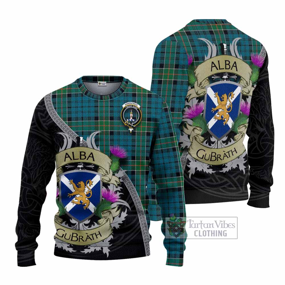 Tartan Vibes Clothing Kirkpatrick Tartan Family Crest Knitted Sweater Lion Rampant Royal Thistle Shield Celtic Inspired