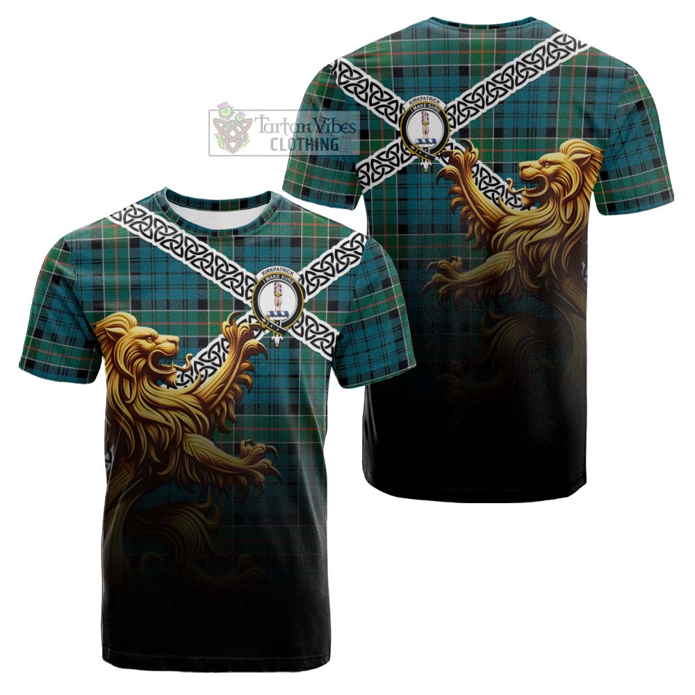 Tartan Vibes Clothing Kirkpatrick Crest Tartan Cotton T-shirt with Golden Lion Emblem Celtic Style