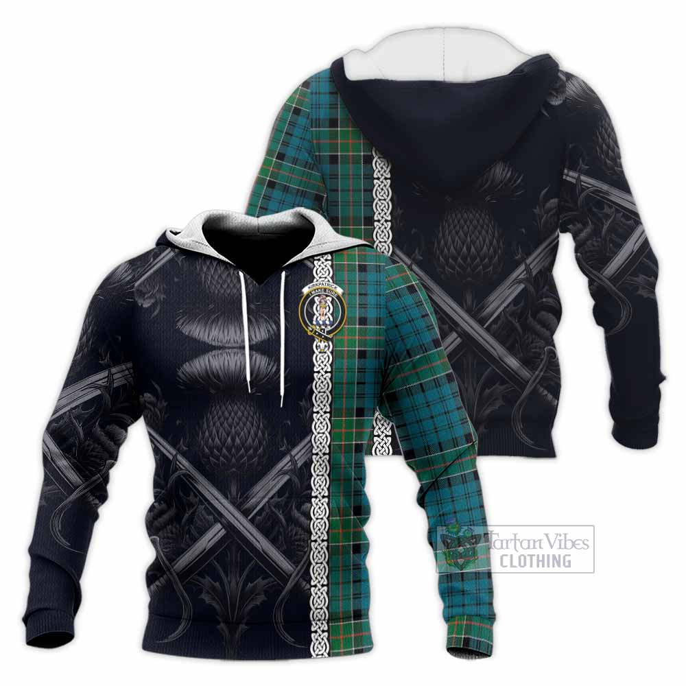 Tartan Vibes Clothing Kirkpatrick Tartan Knitted Hoodie with Family Crest Cross Sword Thistle Celtic Vibes