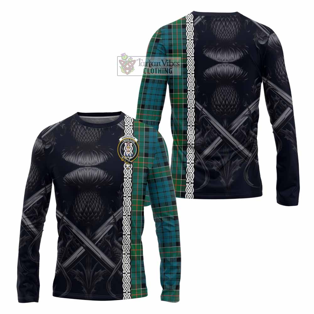 Tartan Vibes Clothing Kirkpatrick Tartan Long Sleeve T-Shirt with Family Crest Cross Sword Thistle Celtic Vibes