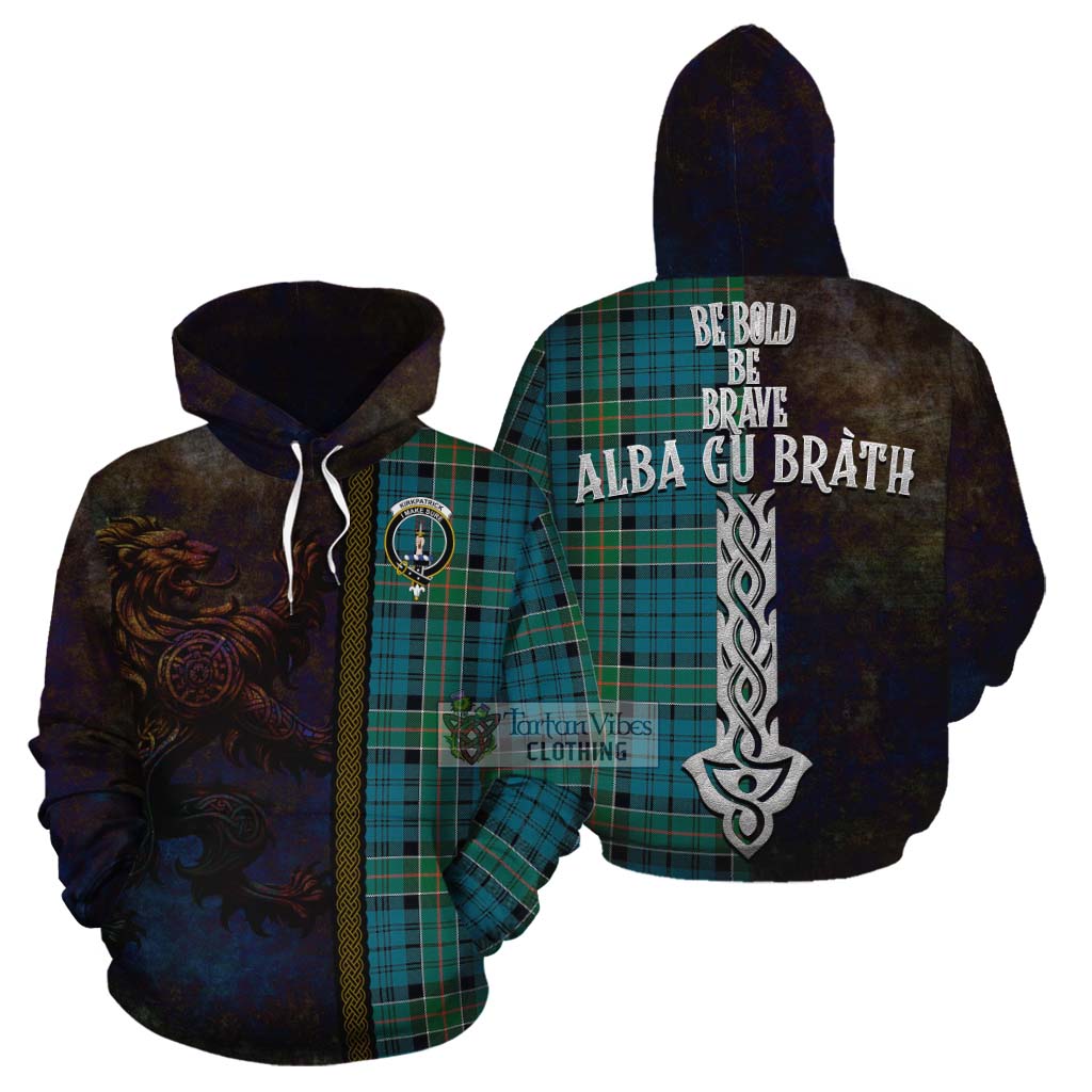 Tartan Vibes Clothing Kirkpatrick Tartan Family Crest Cotton Hoodie Alba Gu Brath Be Brave Lion Ancient Style