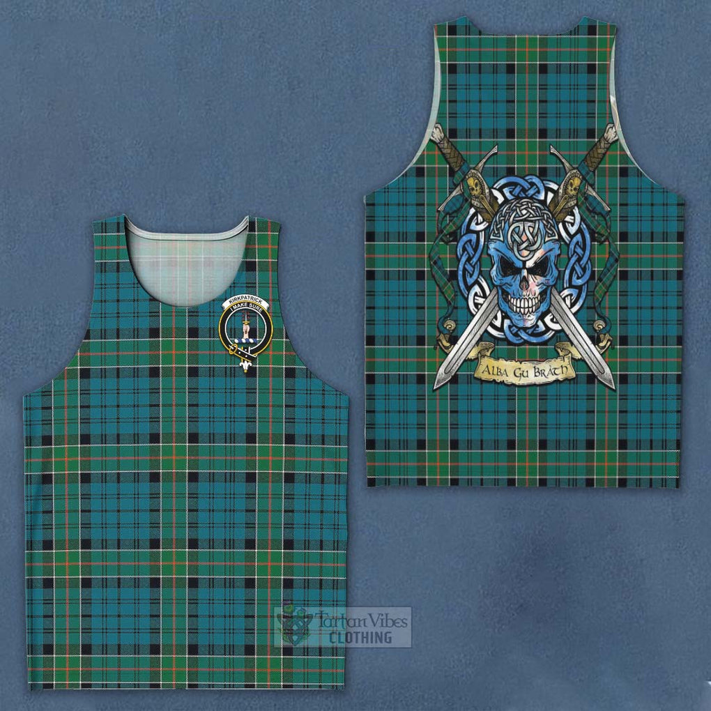 Tartan Vibes Clothing Kirkpatrick Tartan Men's Tank Top with Family Crest Celtic Skull Style