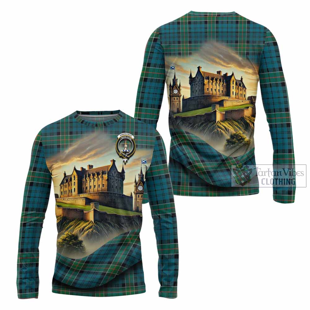 Tartan Vibes Clothing Kirkpatrick Tartan Family Crest Long Sleeve T-Shirt with Scottish Ancient Castle Style