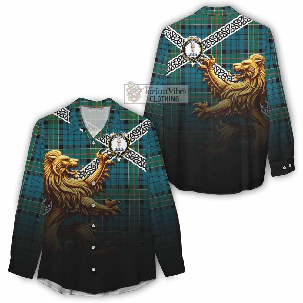 Tartan Vibes Clothing Kirkpatrick Crest Tartan Women's Casual Shirt with Golden Lion Emblem Celtic Style