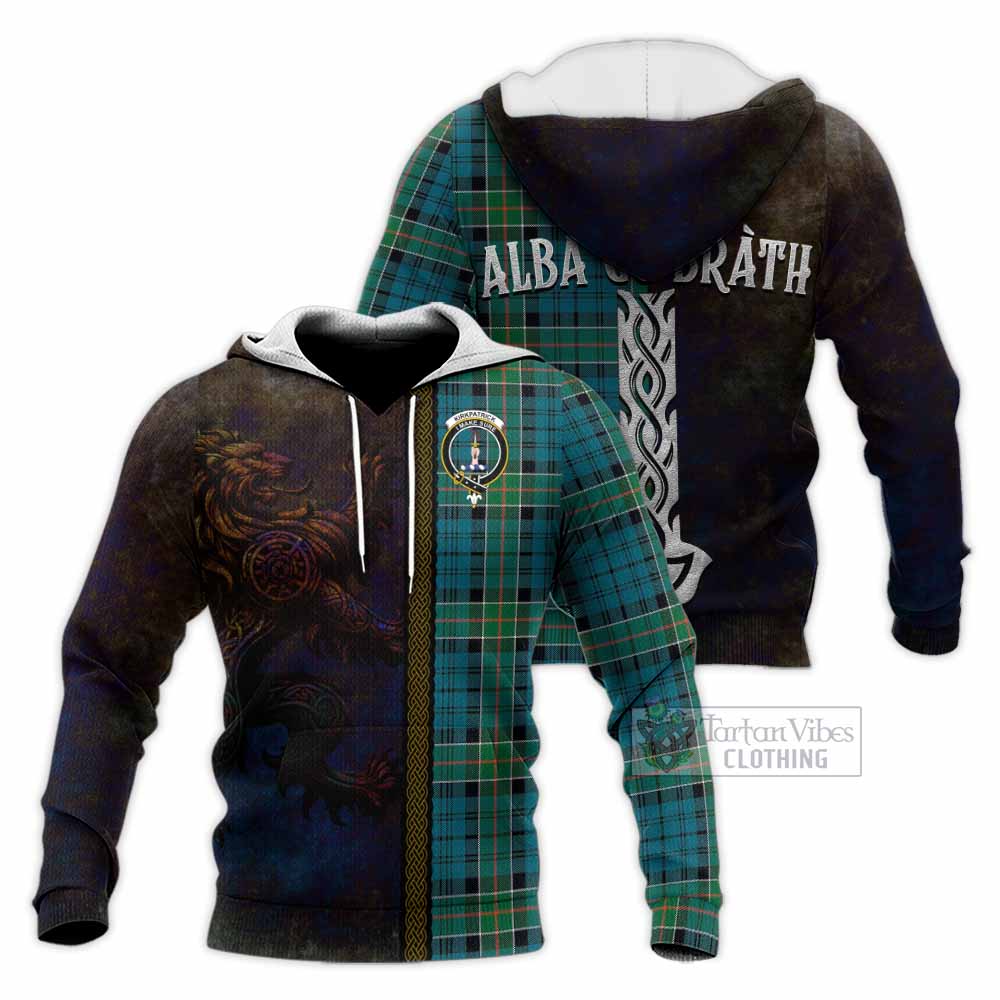 Tartan Vibes Clothing Kirkpatrick Tartan Family Crest Knitted Hoodie Alba Gu Brath Be Brave Lion Ancient Style