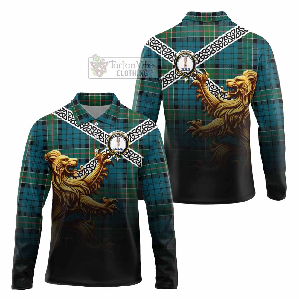 Tartan Vibes Clothing Kirkpatrick Crest Tartan Long Sleeve Polo Shirt with Golden Lion Emblem Celtic Style