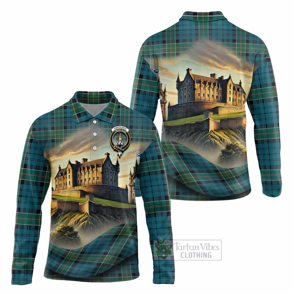 Tartan Vibes Clothing Kirkpatrick Tartan Family Crest Long Sleeve Polo Shirt with Scottish Ancient Castle Style