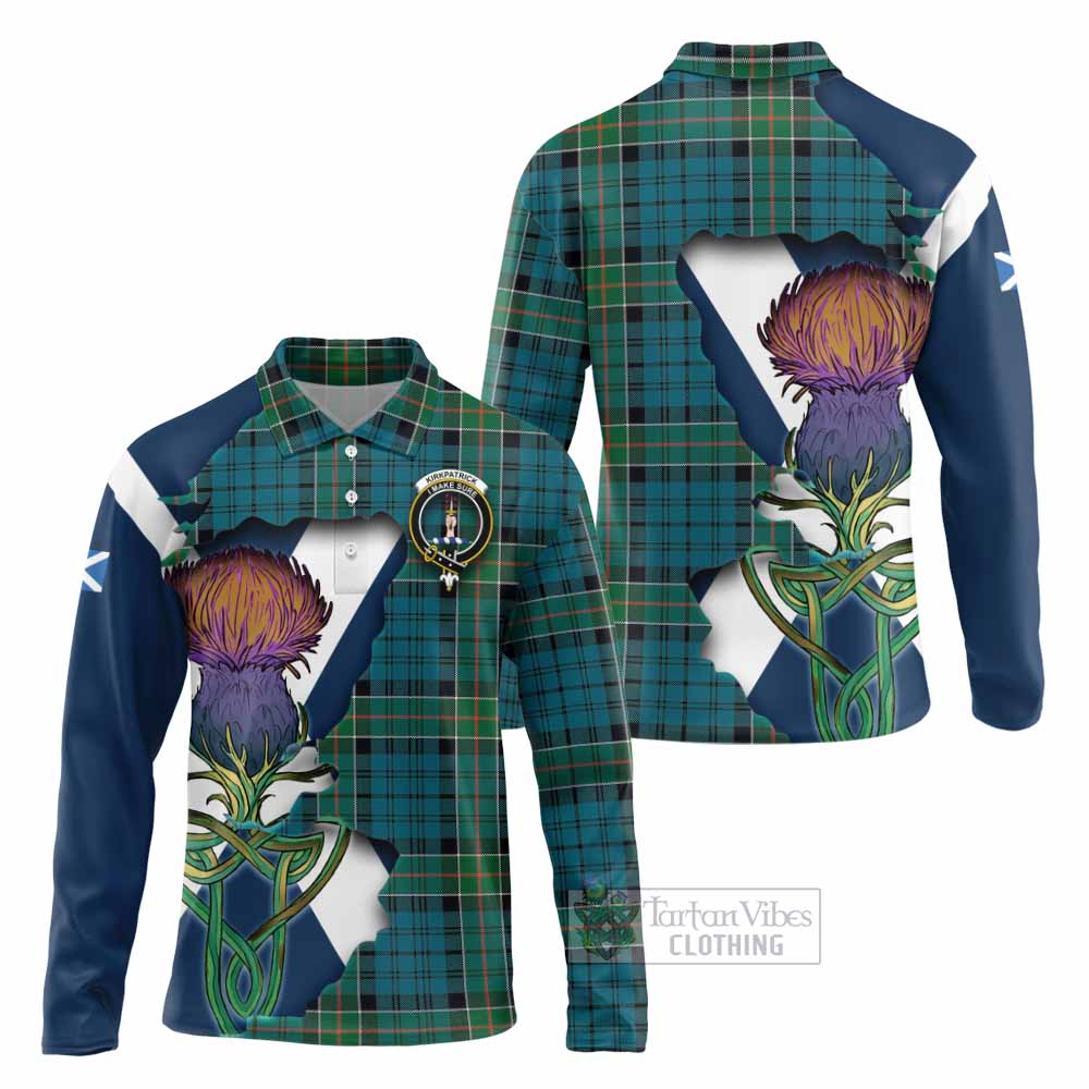 Tartan Vibes Clothing Kirkpatrick Tartan Family Crest Long Sleeve Polo Shirt Scottish Thistle Celtic Inspired