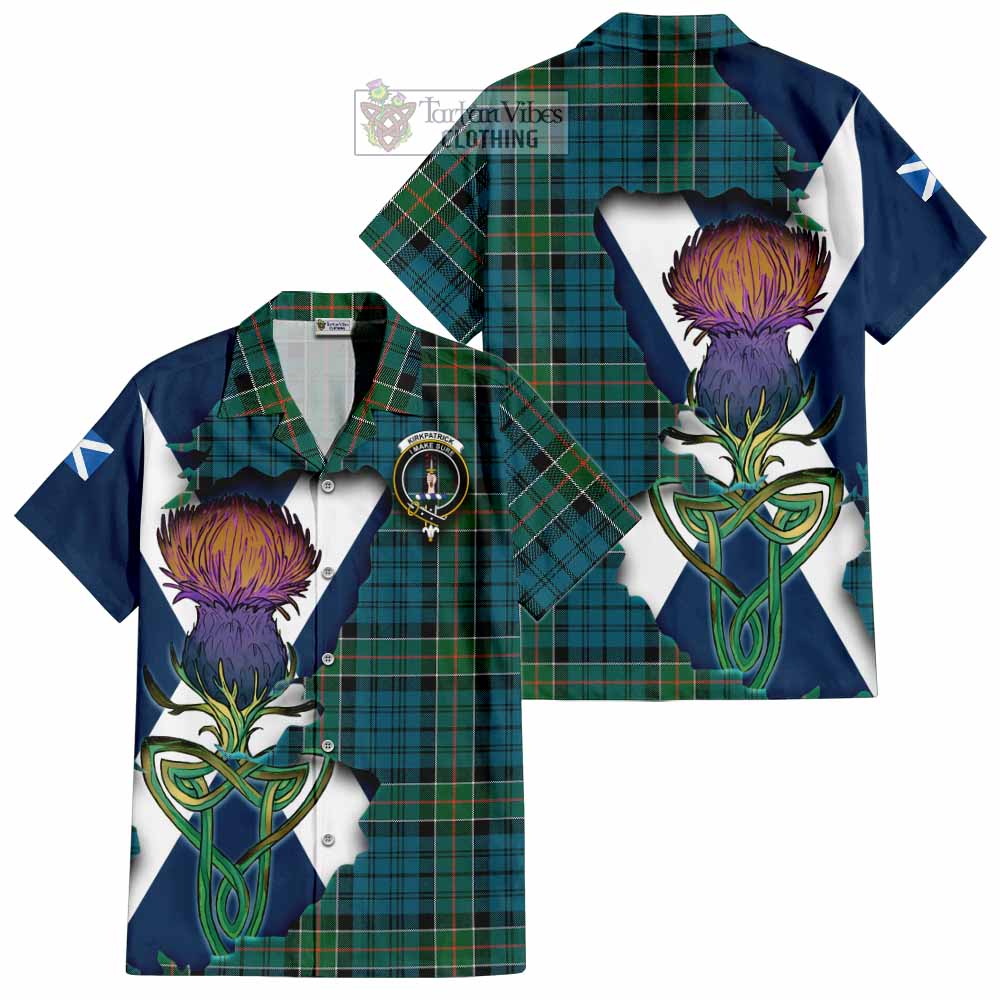 Tartan Vibes Clothing Kirkpatrick Tartan Family Crest Short Sleeve Button Shirt Scottish Thistle Celtic Inspired