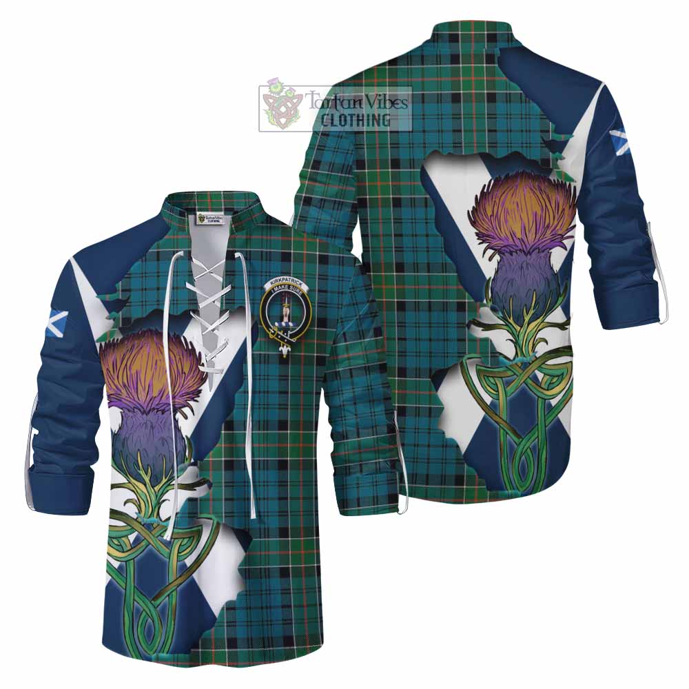 Tartan Vibes Clothing Kirkpatrick Tartan Family Crest Ghillie Kilt Shirt Scottish Thistle Celtic Inspired