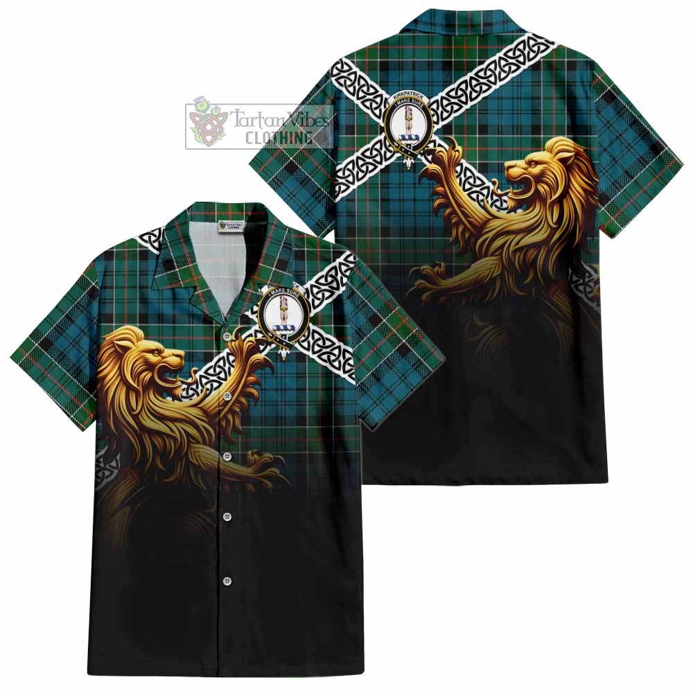 Tartan Vibes Clothing Kirkpatrick Crest Tartan Short Sleeve Button Shirt with Golden Lion Emblem Celtic Style