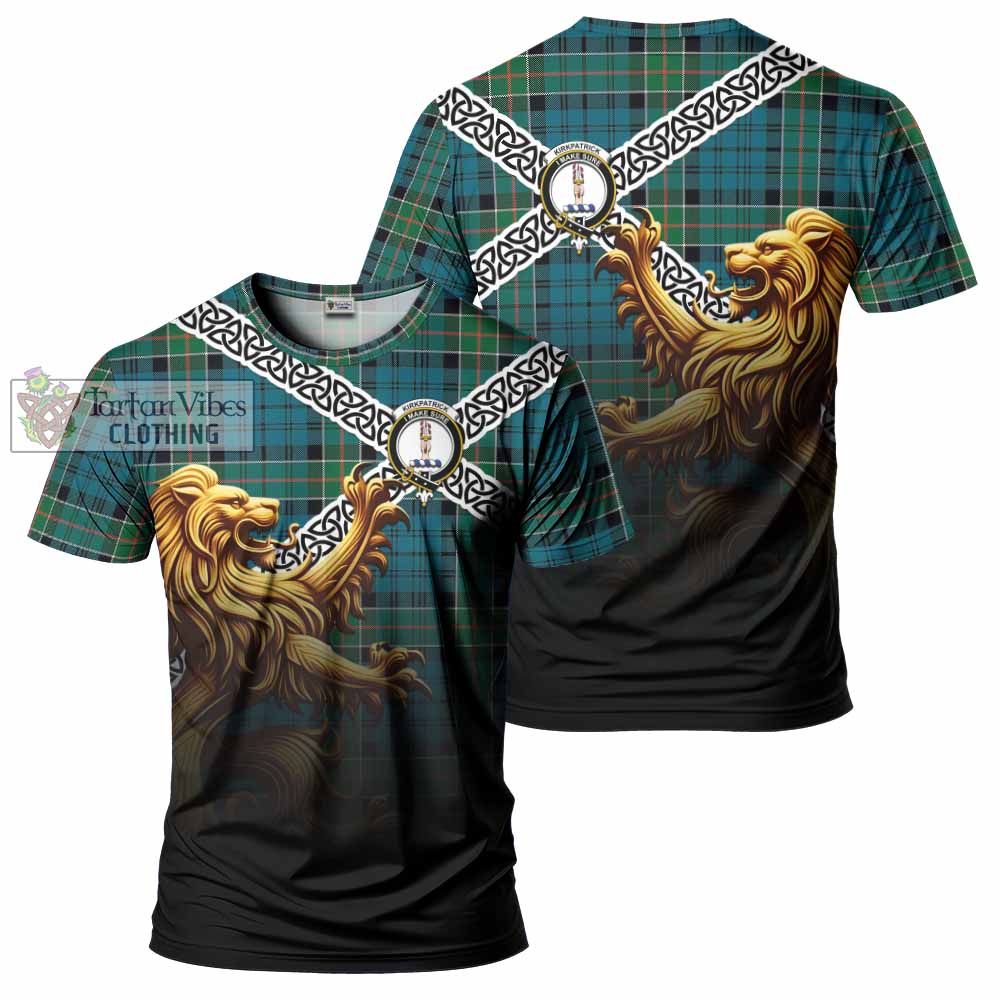 Tartan Vibes Clothing Kirkpatrick Crest Tartan T-Shirt with Golden Lion Emblem Celtic Style
