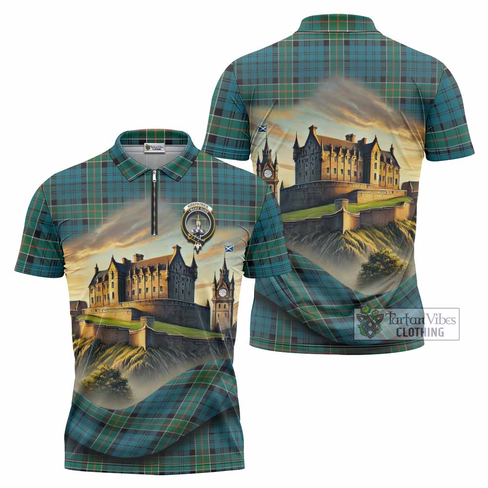 Tartan Vibes Clothing Kirkpatrick Tartan Family Crest Zipper Polo Shirt with Scottish Ancient Castle Stype
