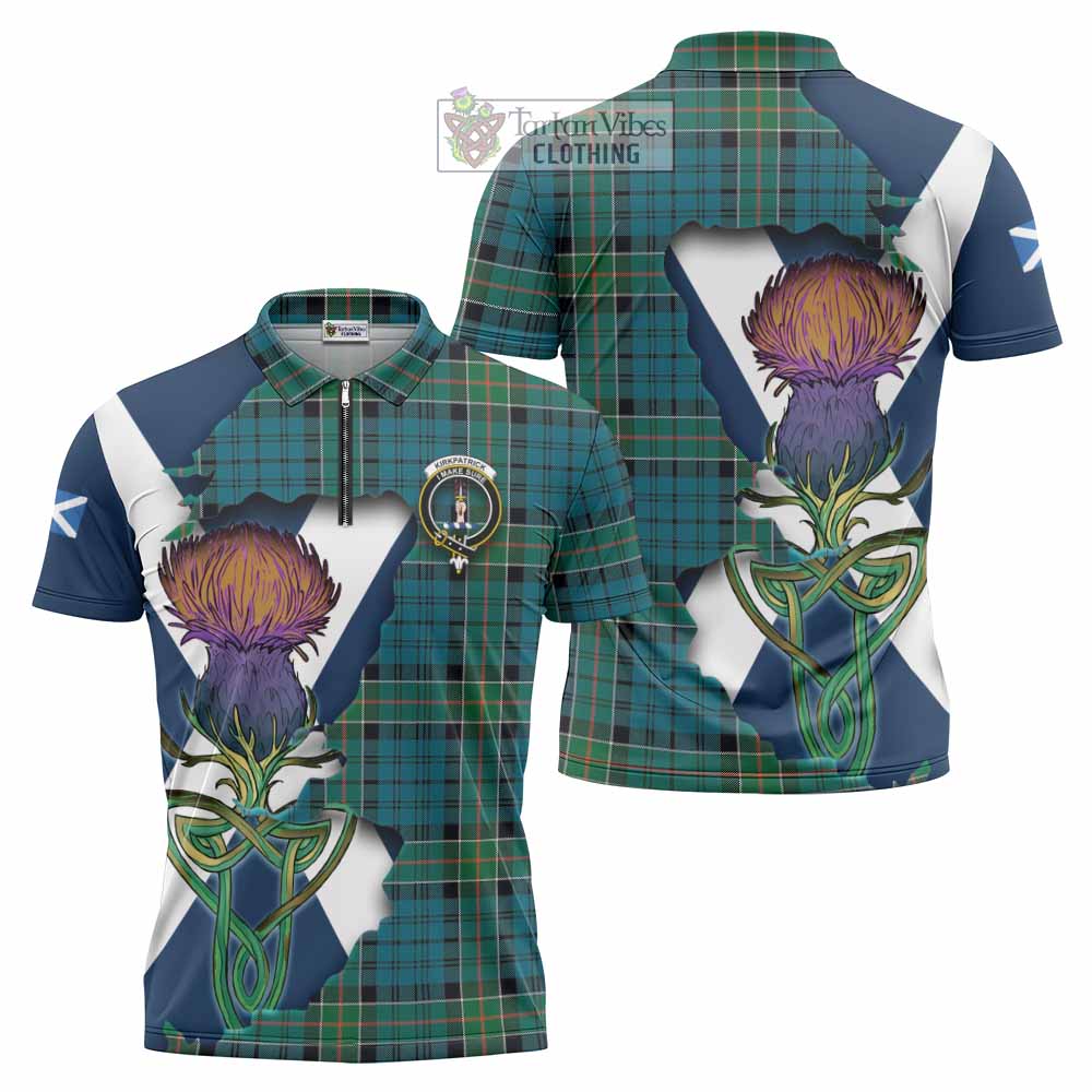 Tartan Vibes Clothing Kirkpatrick Tartan Family Crest Zipper Polo Shirt Scottish Thistle Celtic Inspired