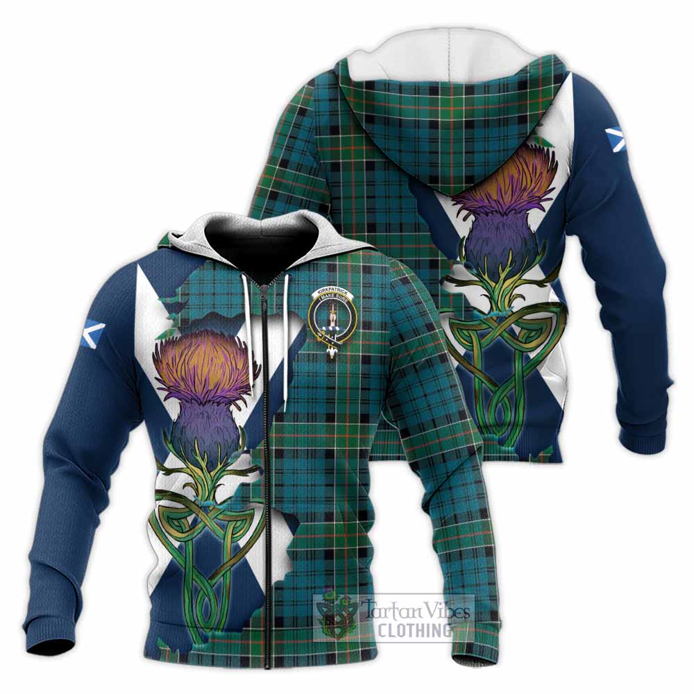 Tartan Vibes Clothing Kirkpatrick Tartan Family Crest Knitted Hoodie Scottish Thistle Celtic Inspired