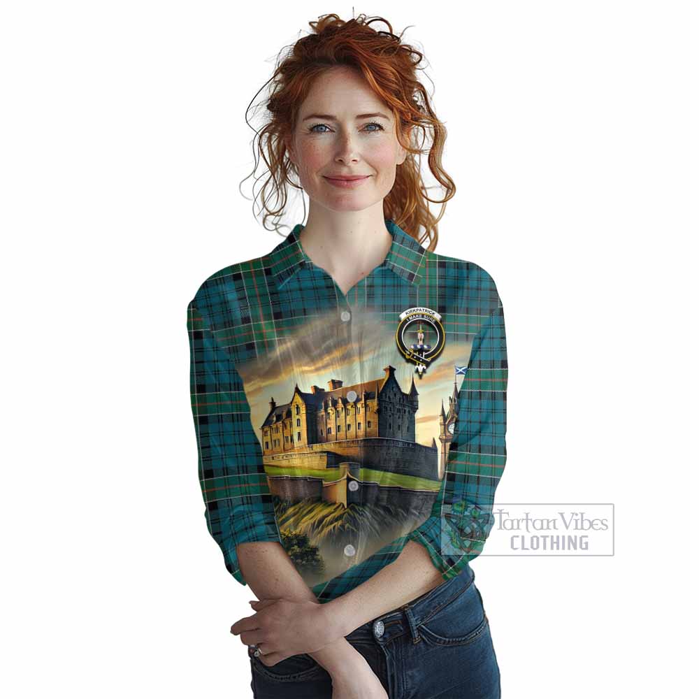 Tartan Vibes Clothing Kirkpatrick Tartan Family Crest Women's Casual Shirt with Scottish Ancient Castle Style