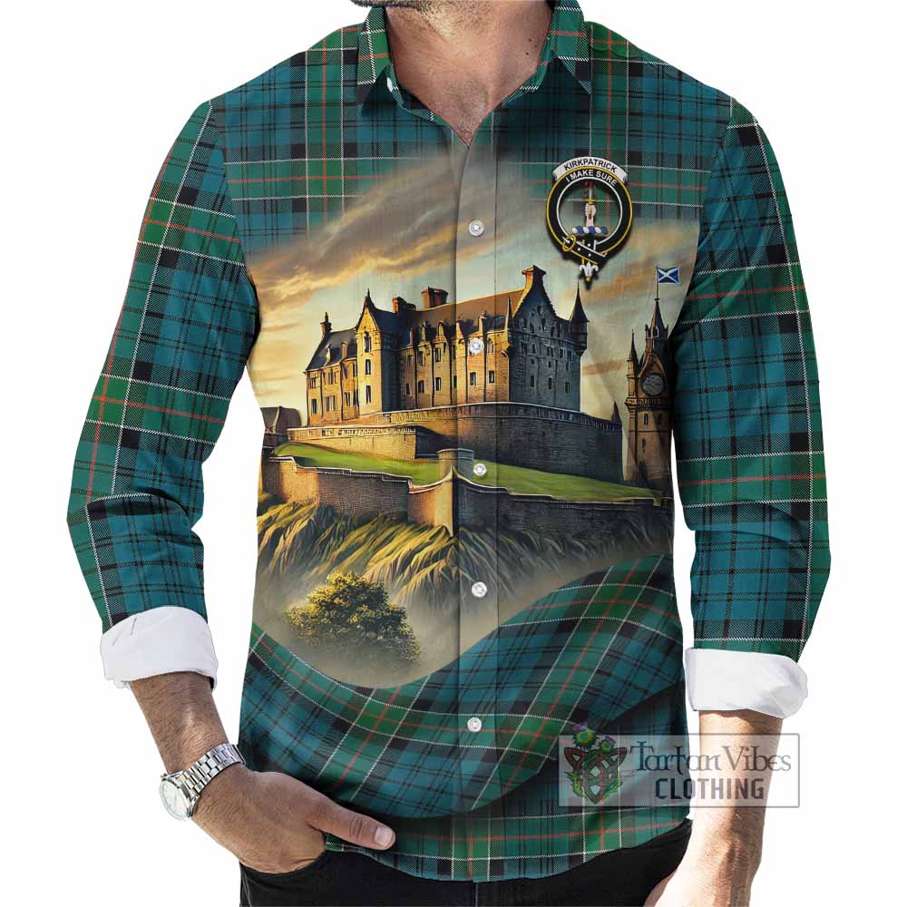Tartan Vibes Clothing Kirkpatrick Tartan Family Crest Long Sleeve Button Shirt with Scottish Ancient Castle Style