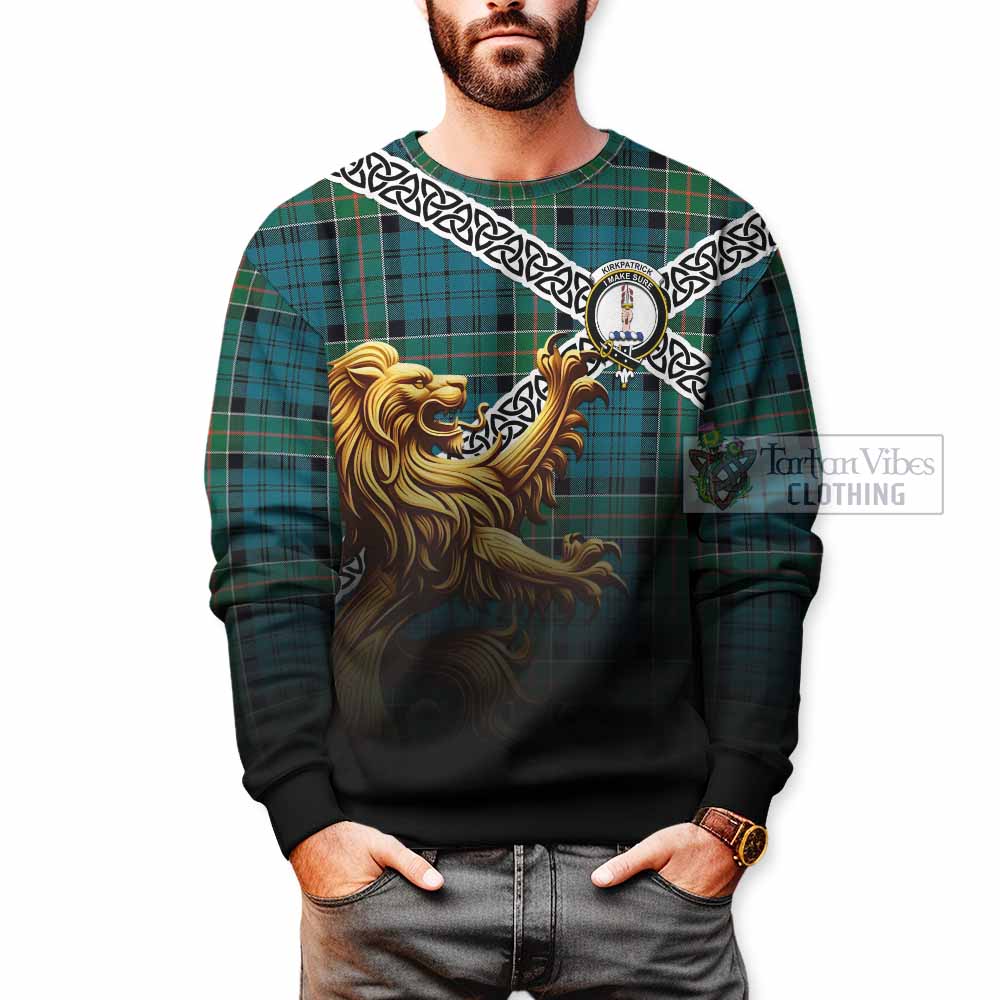 Tartan Vibes Clothing Kirkpatrick Crest Tartan Sweatshirt with Golden Lion Emblem Celtic Style