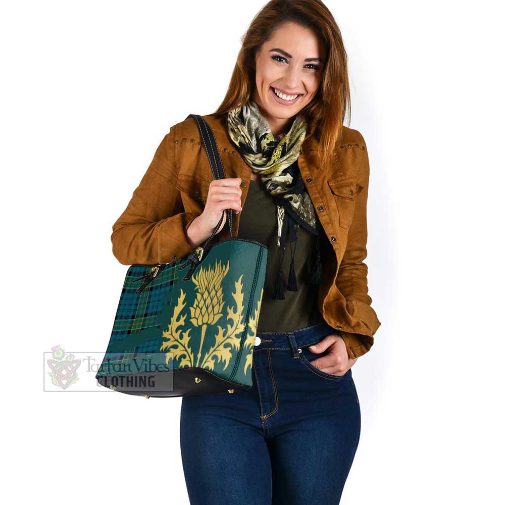 Tartan Vibes Clothing Kirkpatrick Tartan Leather Tote Bag Gold Thistle Style