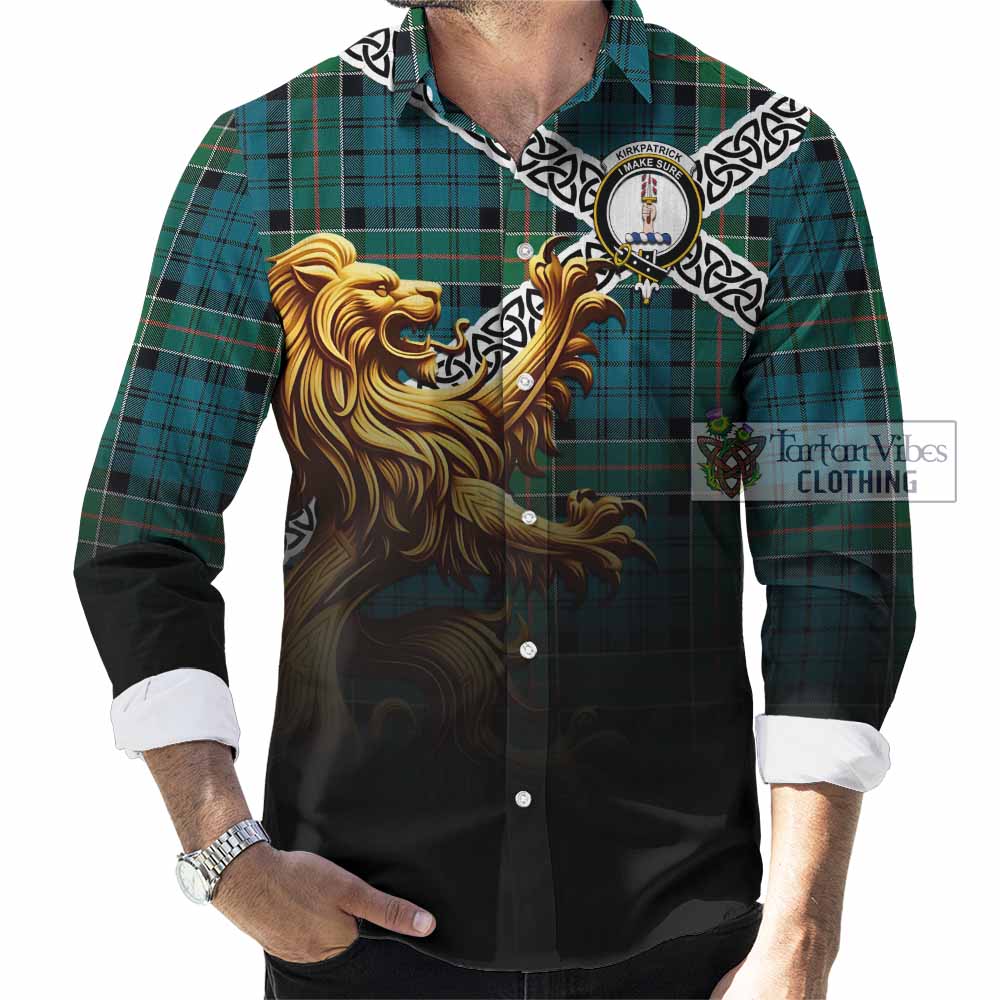 Tartan Vibes Clothing Kirkpatrick Crest Tartan Long Sleeve Button Shirt with Golden Lion Emblem Celtic Style